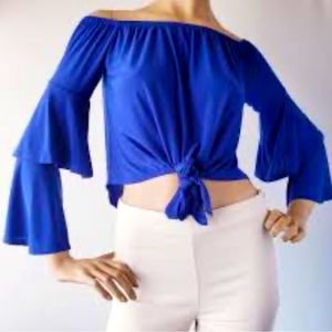 Fashion‎ Nova Top womens Small Blue Cropped Tie waist Flared Sleeves Off …